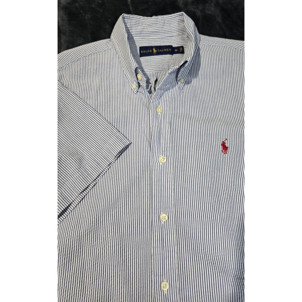 🐎 Polo Ralph Lauren Striped Seersucker Shirt Blue Pony Logo Classic Fit Medium